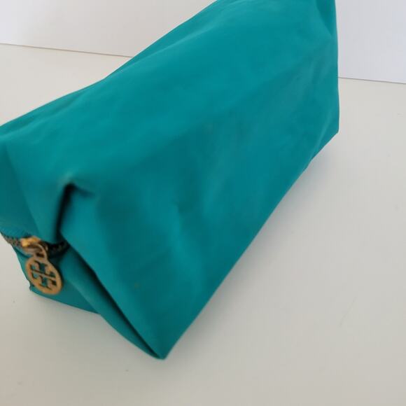 Tory Burch Cosmetic Toiletry Bag Case Teal Blue Pouch Zip Around Logo Medium - Picture 7 of 10